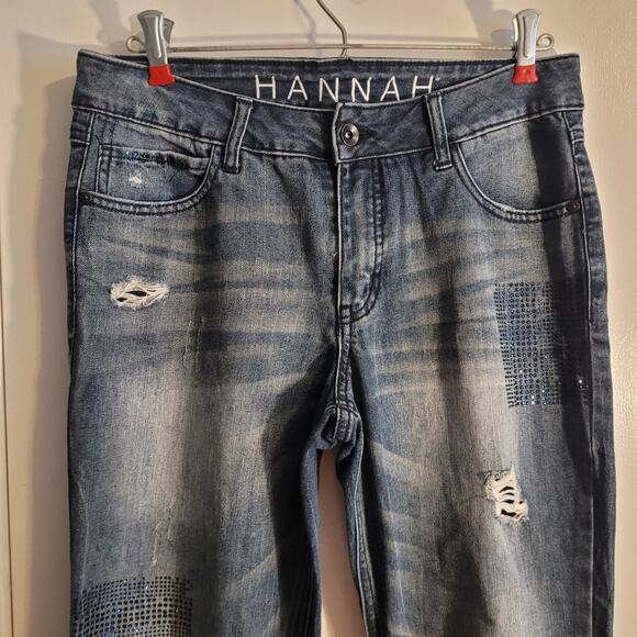 HANNAH Distressed Rhinestone Patch Jeans Sz 6 Mid Rise Straight Leg Blue Denim - Picture 4 of 12